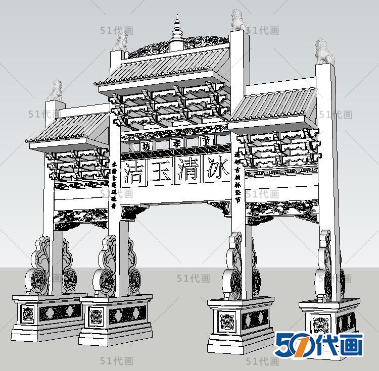 T511仿古典牌楼大门牌坊门头小品古建SU模型CAD图纸中式建...-16