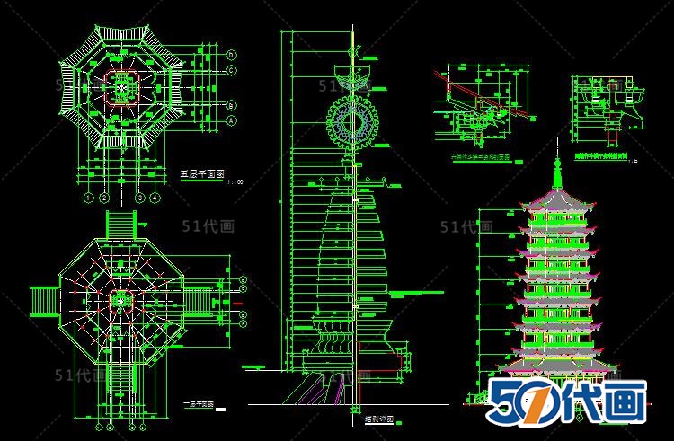 T513古建筑宝塔寺庙廊亭石塔名楼民居SU模型CAD图纸中式建...-2