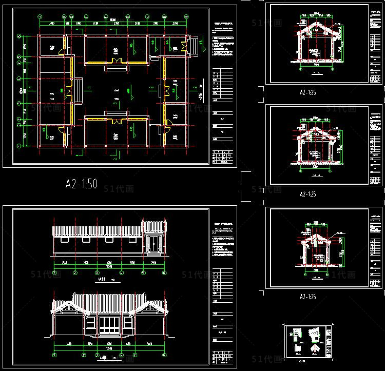T2014中式四合院CAD图纸SU模型建筑设计施工图庭院平面立面...-5