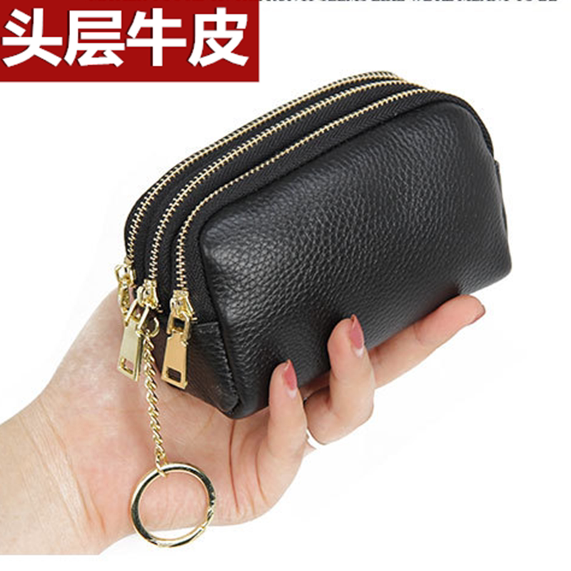 2021 new European and American first layer cowhide three-layer fashion mini coin purse leather hand grab bag key bag clutch bag