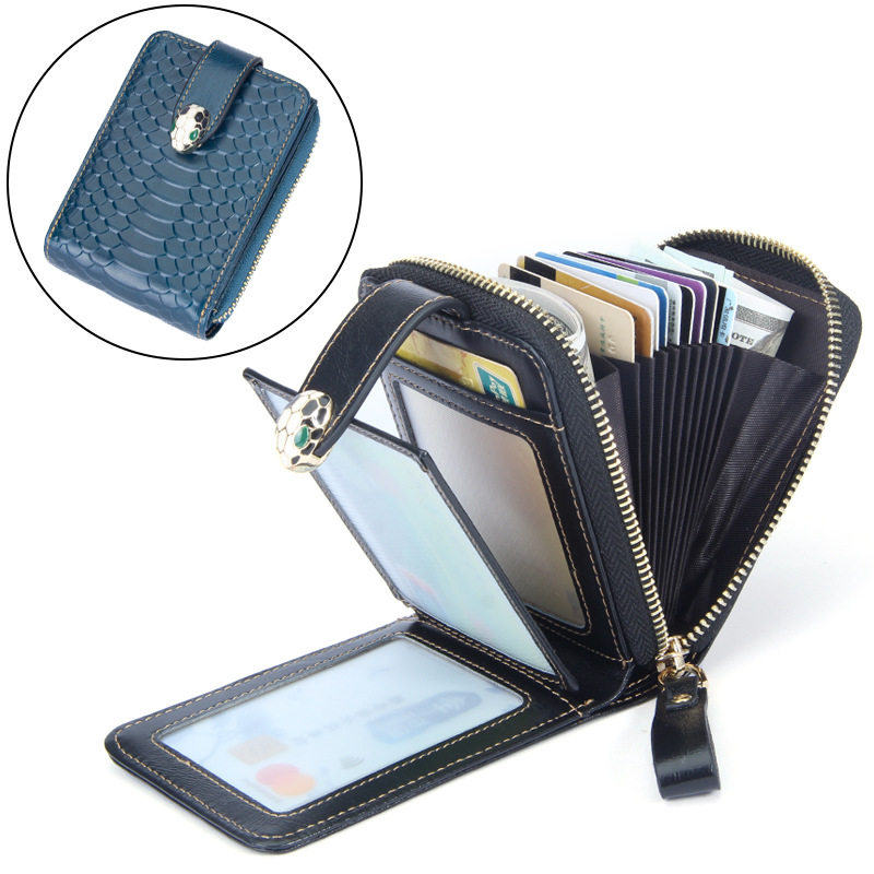 2021 new first layer cowhide card bag Female texture snakehead buckle ID card cover Europe and the United States leather drivers license bag