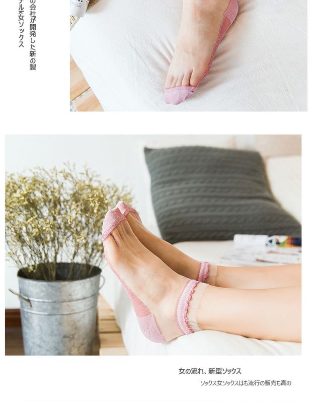 Vớ nữ bằng thủy tinh Nhật Bản lụa siêu mỏng vớ pha lê đại học gió ngắn vớ bên ren thấp để giúp trong suốt thoáng khí - Vớ tất nữ cổ cao