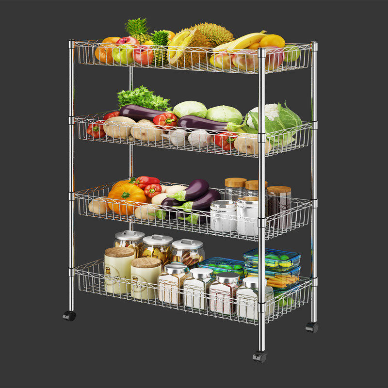 Kitchen shelf 4-layer stainless steel color shelf Fruit and vegetable basket storage basket shelf Floor-to-ceiling multi-layer pot rack