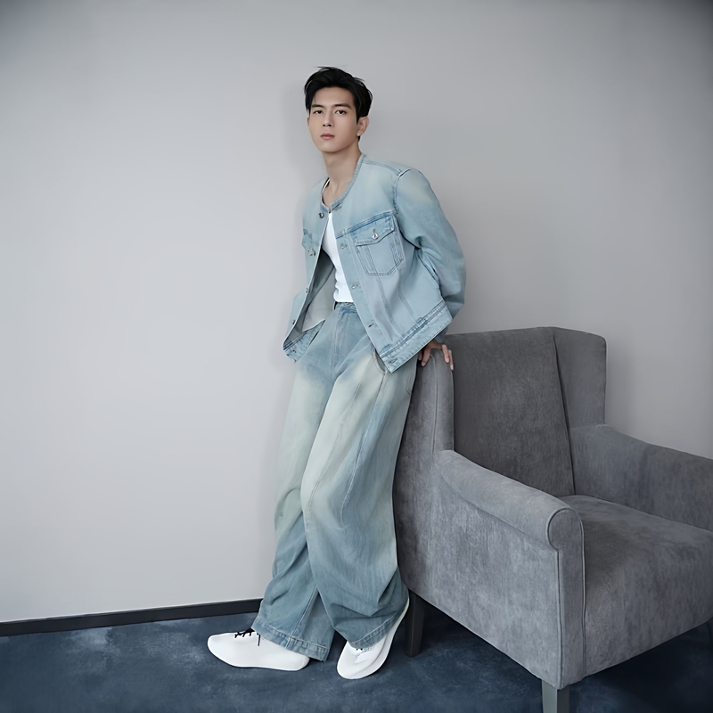 Li Xian's Same Style Retro Washed Distressed Denim Jacket for Men, High-End New Versatile Fashion Denim Fashion Set