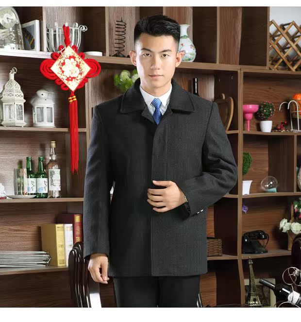 Áo khoác len nam mùa đông dày với cổ áo lông thú và áo khoác nhung cho nam trung niên áo gió ngắn áo bò nam