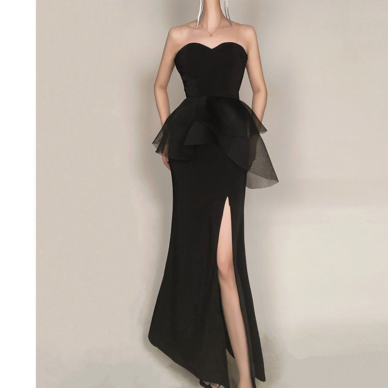 French-Style Black Strapless Slit Evening Dress for Women, Fashionable, Elegant, Sexy, Simple, Annual Meeting, Birthday Party Dress