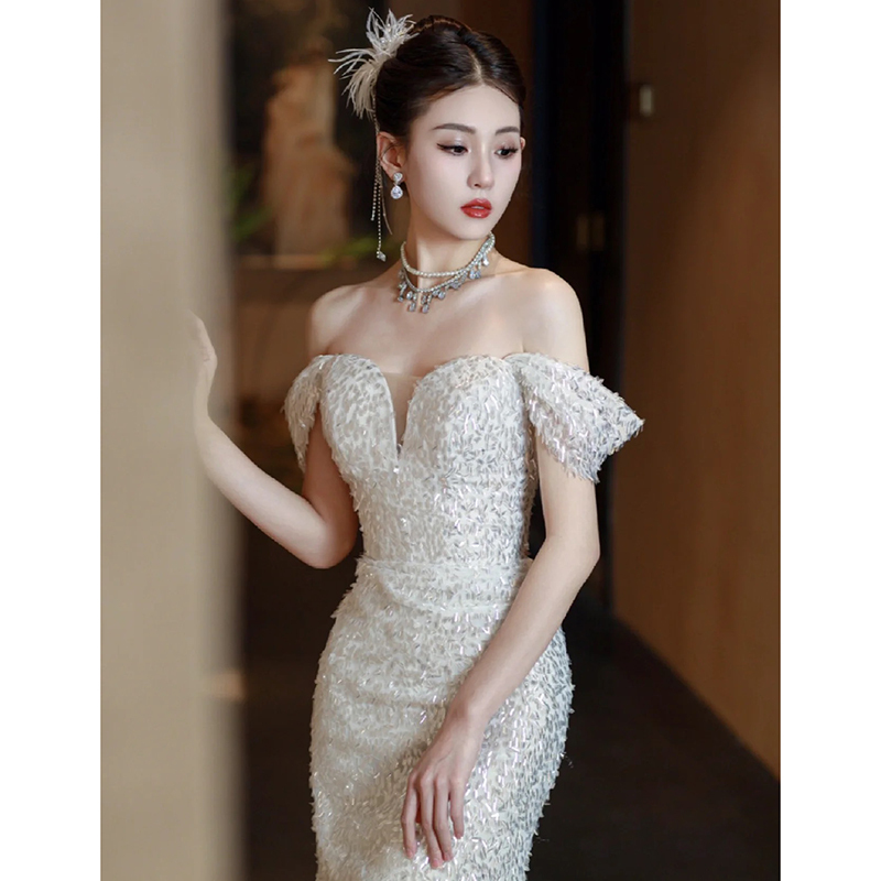 French-Style Off-The-Shoulder Sequin Bridal Banquet Hostess Reception Light Wedding Dress Mermaid Toast Evening Gown