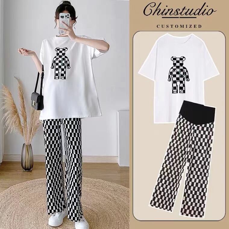 Maternity Wear Set for Summer, Pure Cotton Short-Sleeved T-Shirt Top, Loose Casual Black and White Plaid Wide-Leg Pants Two-Piece Set