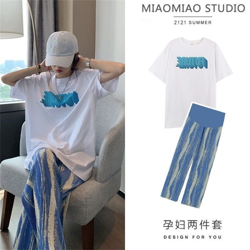 Maternity Suit, Summer Fashionable and Stylish New Style Pure Cotton T-Shirt Top, Ink Tie-Dye Wide-Leg Pants Two-Piece Set