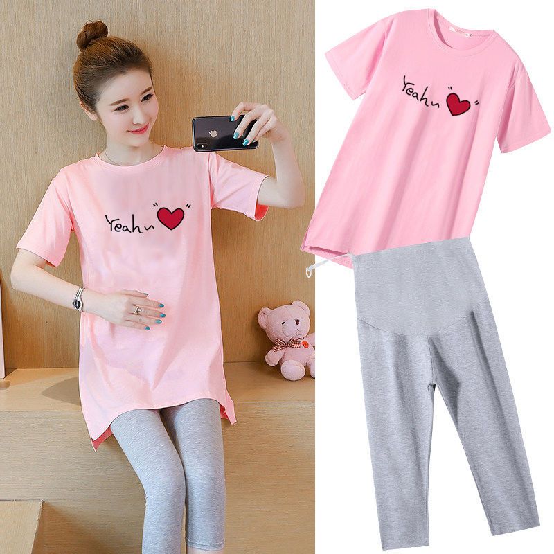 New Summer Outfit for Pregnant Women, Thin and Stylish Pure Cotton Short-Sleeved T-Shirt, Loose and Fashionable + Leggings for Outer Wear, Two-Piece Set New Summer Outfit for Pregnant Women, Thin and Stylish Pure Cotton Short-Sleeved T-Shirt, Loose and Fashionable + Leggings for Outer Wear, Two-Piece Set