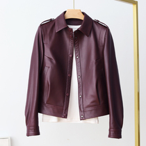 2021 spring and autumn new leather leather womens short sheepskin motorcycle burgundy jacket slim jacket M97