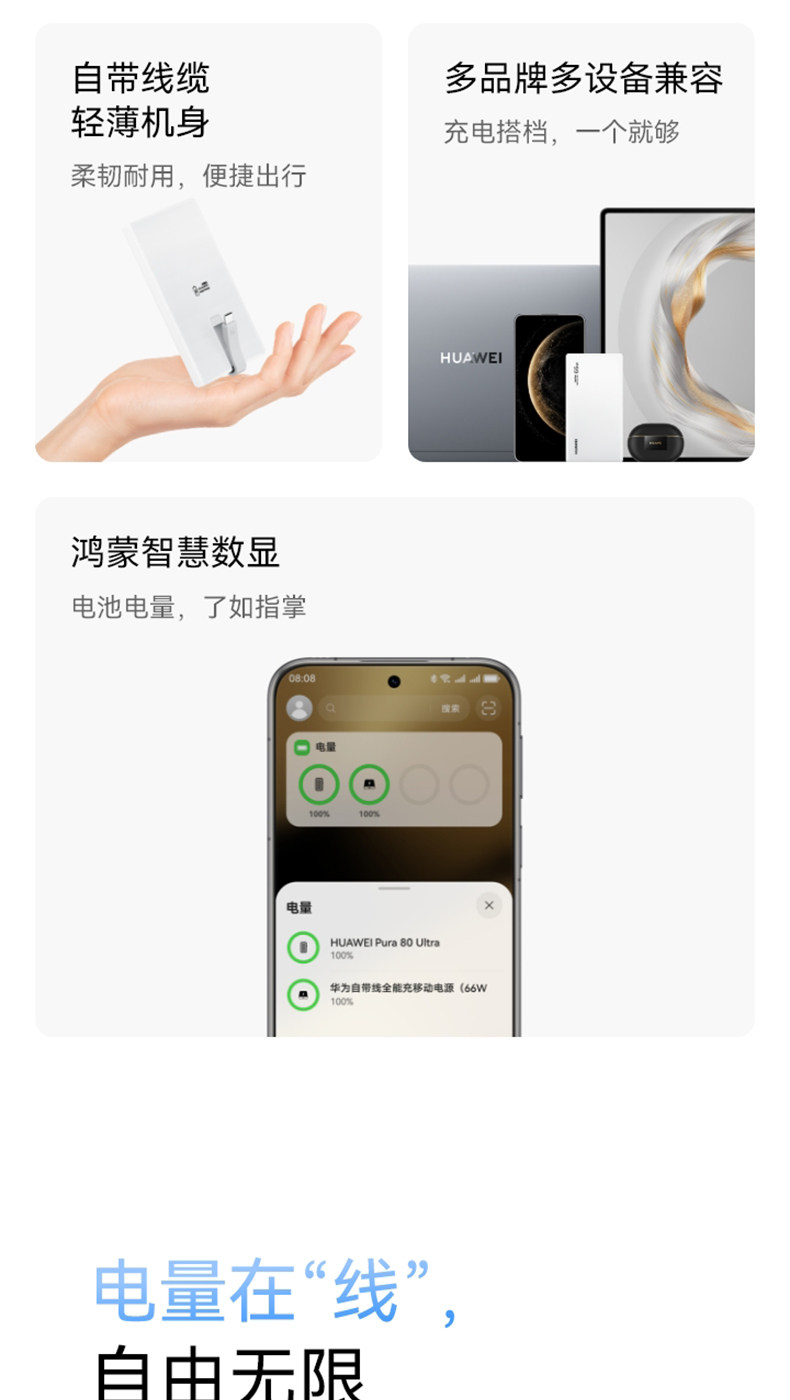 Huawei/华为自带线全能充移动电源（66W 12000）充电宝 3C认证 可上飞机 旗舰手机电芯适配Mate80系列插图2