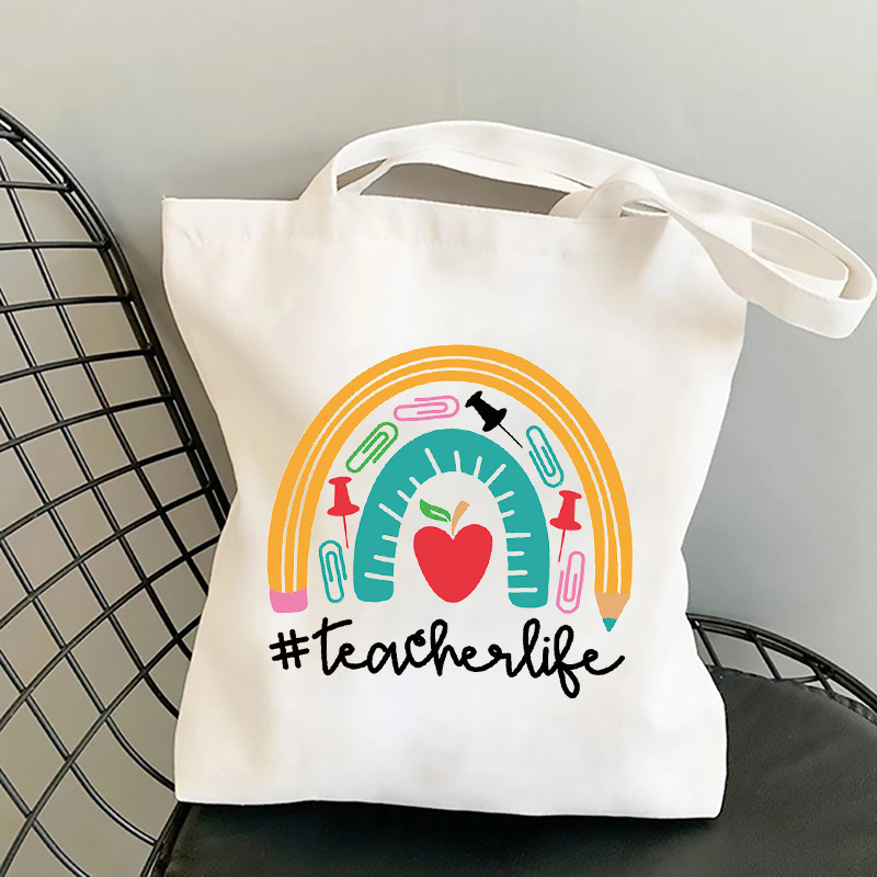 Rainbow Teacher Printed Canvas Bag Teacher's Day Student Shoulder Bag Fashionable Tote Shopping Bag Export Rainbow Teacher Printed Canvas Bag Teacher's Day Student Shoulder Bag Fashionable Tote Shopping Bag Export