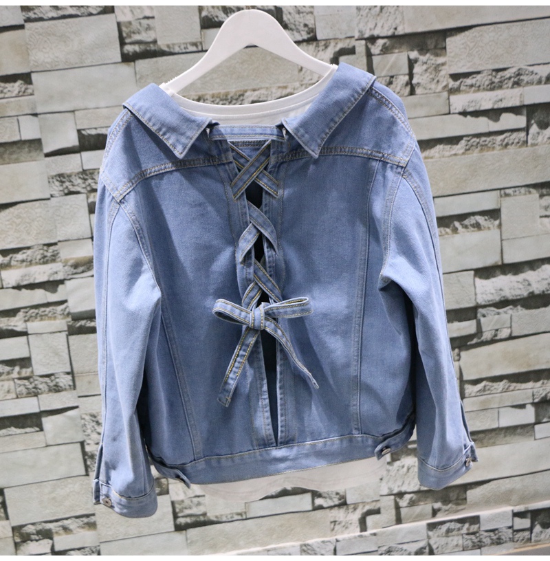 2017 mùa thu mới đơn ngực lỏng mỏng dài tay lại dây đeo nơ denim cardigan áo ngắn nữ áo kiểu nữ đẹp 2021