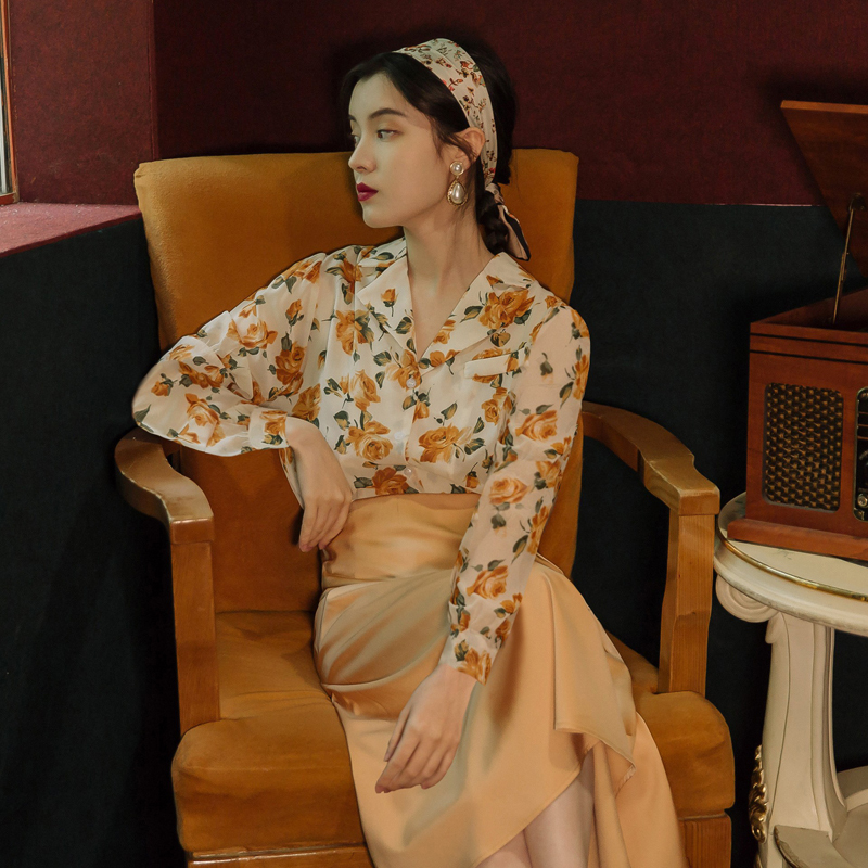 80S Floral Hong Kong Style Retro Shirt Vintage Formal Wear Career Skirt Two-Piece Fashion Set