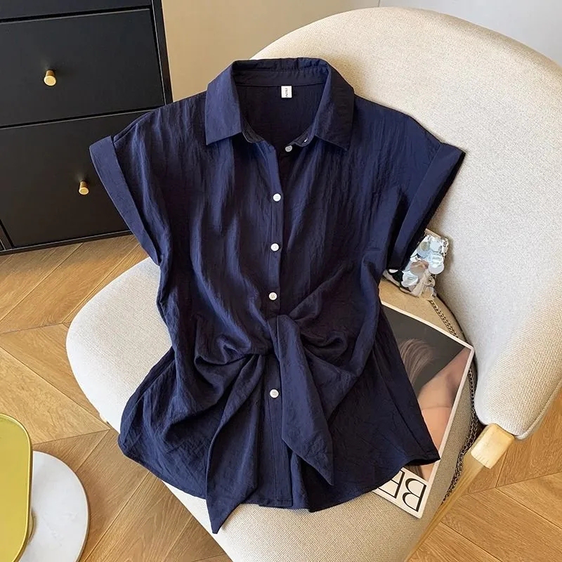Blue Elegant Polo Collar Short-Sleeved Shirt for Women, Summer 2025 New Style, Knotted Design Shirt, Casual Versatile Top