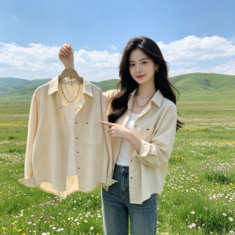 High-End Apricot-Colored Shirt for Women, New Spring and Autumn Korean Style, Loose and Versatile, Layered Thin Jacket, Long-Sleeved Top High-End Apricot-Colored Shirt for Women, New Spring and Autumn Korean Style, Loose and Versatile, Layered Thin Jacket, Long-Sleeved Top