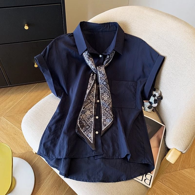 Blue Polo Collar with Scarf, Sleeveless Shirt for Women, Summer 2025 New Style, Loose Casual Shirt, Elegant and Slimming Top Blue Polo Collar with Scarf, Sleeveless Shirt for Women, Summer 2025 New Style, Loose Casual Shirt, Elegant and Slimming Top