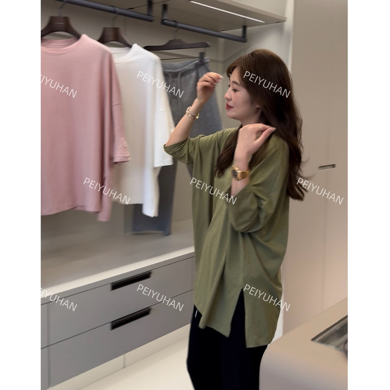 Peiyuhan Peipei [Hemp Comfort t] Casual Split Hem Three-Quarter Sleeve T-Shirt for Women Summer Lazy T-Shirt T23946