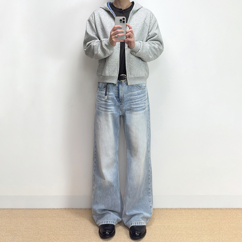 Suitedall Lightning Pattern Whiskered A-Line Blue Denim 13oz Washed Distressed Versatile Loose Straight-Leg Jeans