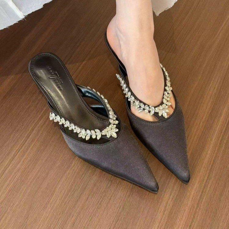 elingstudio beautiful to tears! High-grade Satin Pointed Mule Half Slippers Women's Rhinestone Stiletto Pumps