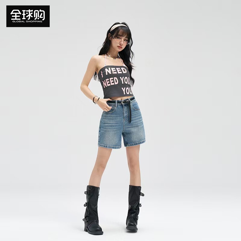 Brand Women's Jeans 2026 New Summer Style Petite Wrinkled Lycra Stretch High-Waisted Straight Fashion Hot Girl Shorts