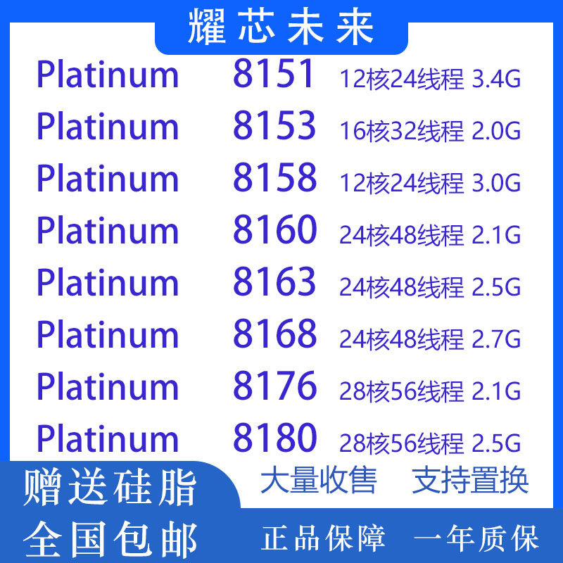 ซีพียู Intel Xeon Platinum รุ่น 8151 8153 8158 8160 8163 8168 8176 8180 เวอร์ชันทางการ