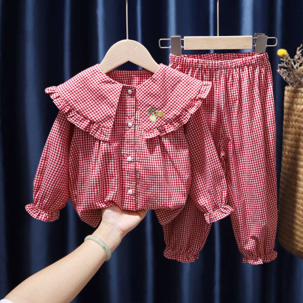 2022 Spring and Autumn New Products Girls Baby Little Girl Plaid Homewear Pajamas Set Pure Cotton Kindergarten Air-conditioned Room