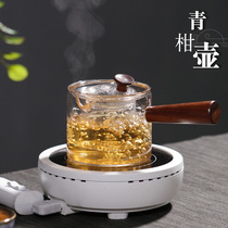 Japanese-style high temperature resistant transparent glass cooking teapot side wooden handle Green citrus teapot Household electric pottery stove heating tea set