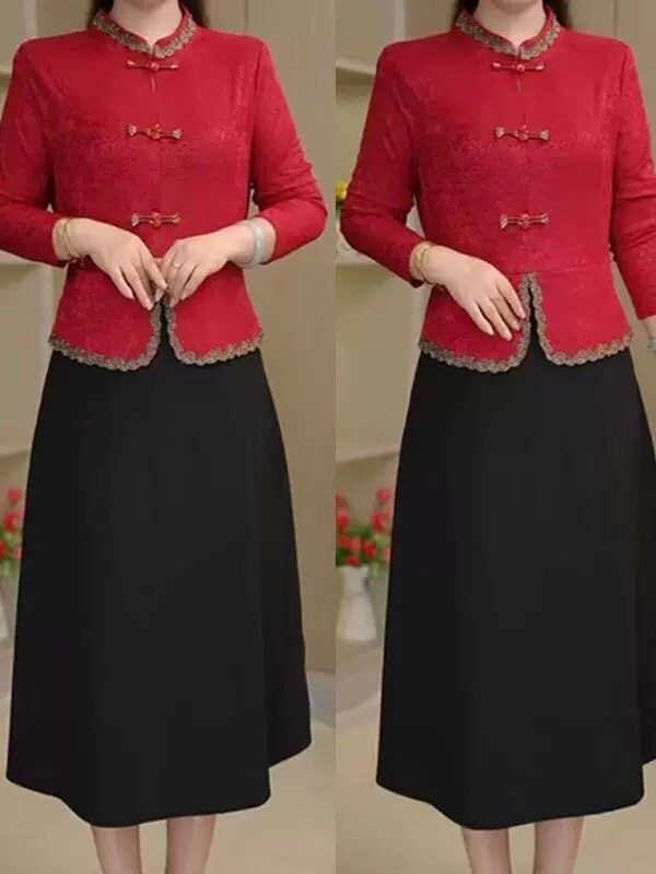 妈妈装新中式国风假两件连衣裙春秋新款时尚气质轻奢显瘦中长裙子