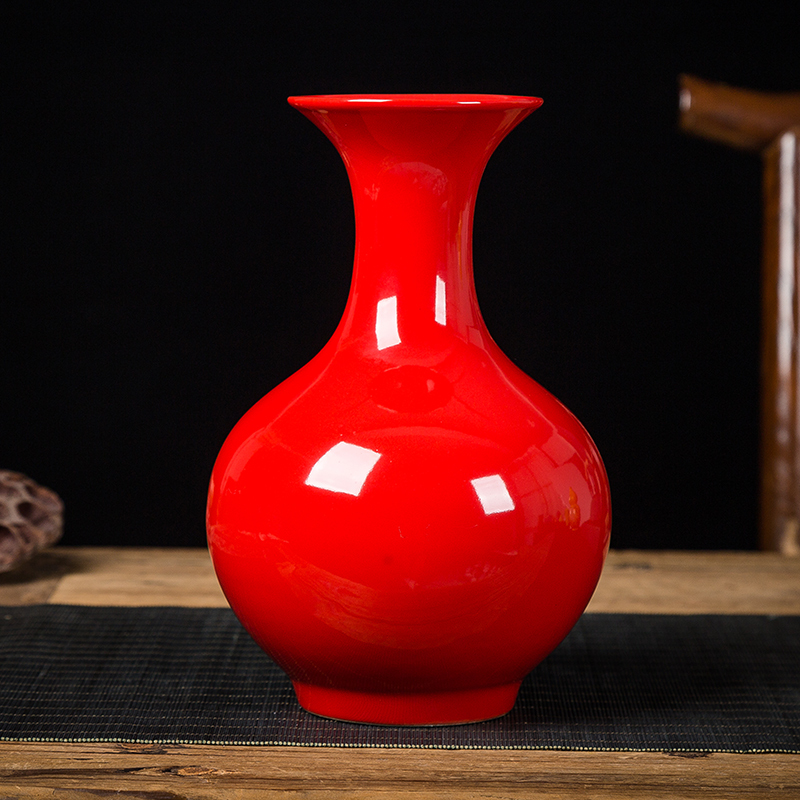 Jingdezhen Ceramic Pure Red Small Vase Home Decoration Tv Cabinet Ornament for Placing Dried Flowers Chinese-Style Living Room