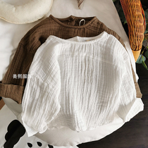 Senteo loose cotton linen T-shirt ~ 2021 Fall Hans new childrens baby art Fan loose long sleeves Folds Shirt