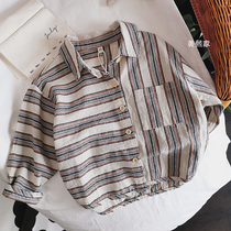 Art Van ~ 2020 Fall new Korean version Childrens baby shirt cotton linen irregular striped male and female child jacket