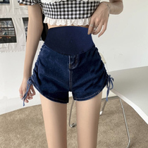 Maternity Denim Shorts Womens Summer Outer Wear Loose High Waist Abdominal Pants Summer Fashion Blue Tie Rope Wide Leg Pants