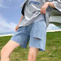 Maternity shorts summer outer wear fashion casual pants summer thin straight denim five-point ripped maternity pants