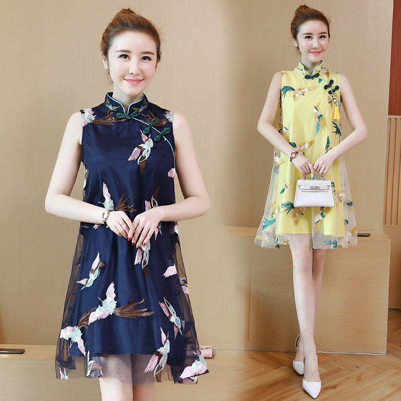Pregnant Women summer dress dress gauze embroidery A Chinese style improved cheongsam fashion fresh summer pregnant woman skirt