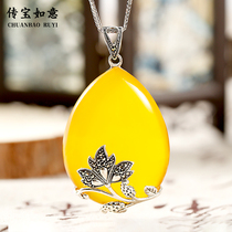 S925 sterling silver yellow jade agate pendant female Thai silver vintage flower necklace long national style silver ornaments