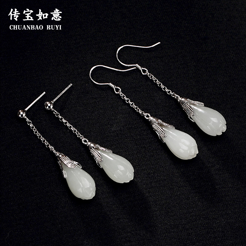S925 - Small silver - long ear crack inlaid and jade individualized earneedle temperament of jade - orchid earrings silver jewelry