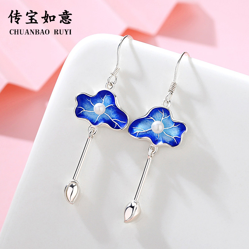 Jingtai Blue Earrings S925 Pure Silver Ear Ring Lotus Leaf Pendant Female small crowd design Sensation Temperament Superior 2020 New