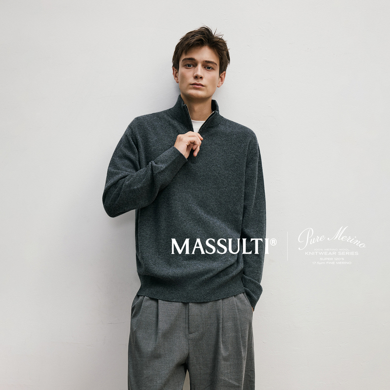 Massulti "Pure Series" 100% Superfine Australian Merino Wool Ex Zipper Half-Zip Sweater