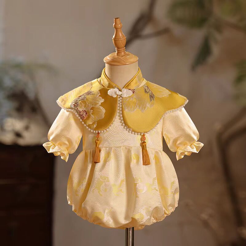 Golden Baby Girl One-Year-Old Dress, New Chinese Style Infant First Birthday Hundred-Day Celebration Outfit, Princess Style Summer Romper Golden Baby Girl One-Year-Old Dress, New Chinese Style Infant First Birthday Hundred-Day Celebration Outfit, Princess Style Summer Romper