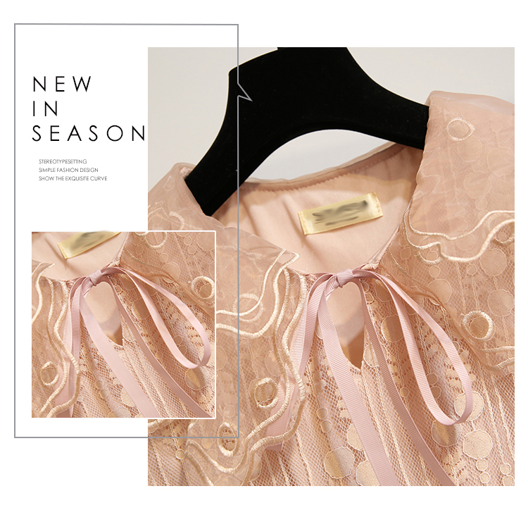 VK旗艦店 韓系刺繡花朵網紗高腰長裙短袖洋裝