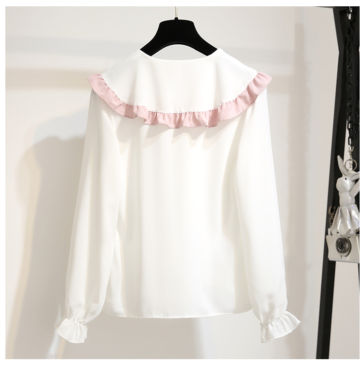 VK旗艦店 韓系拼色木耳邊雪紡衫單排扣裙套裝長袖裙裝