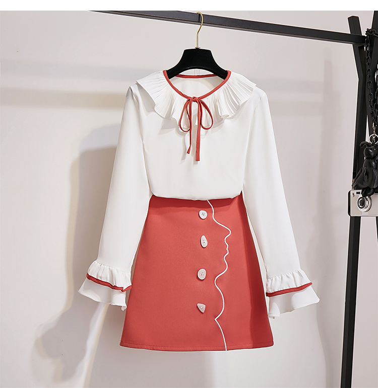 VK旗艦店 韓國風拼色雪紡衫排扣刺繡套裝長袖裙裝