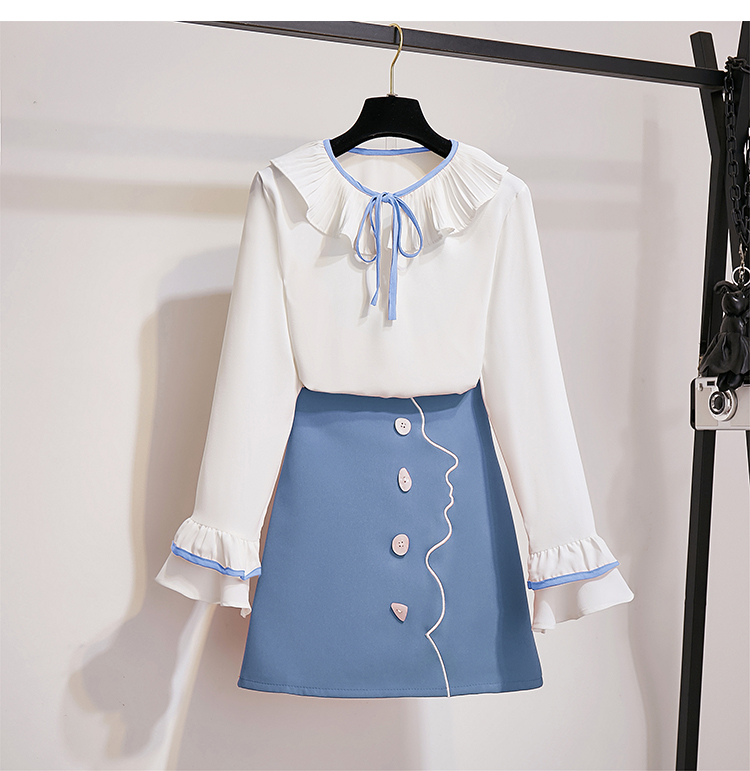 VK旗艦店 韓國風拼色雪紡衫排扣刺繡套裝長袖裙裝