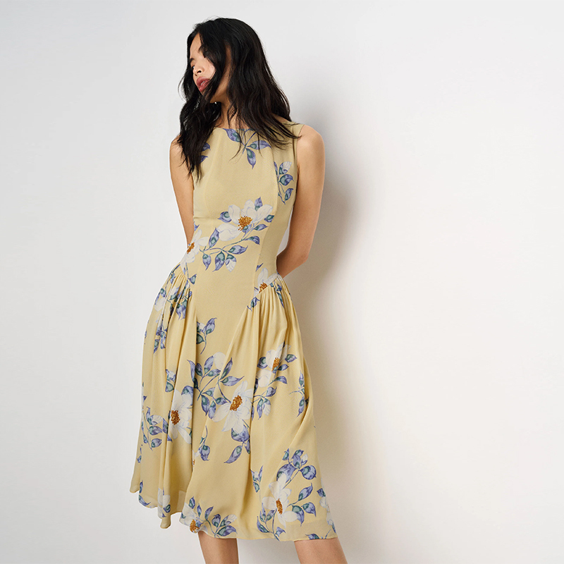 French Retro Niche Yellow Printed Elegant Off-Shoulder Waist-Cinching Slimming Sleeveless Mid-Length Dress