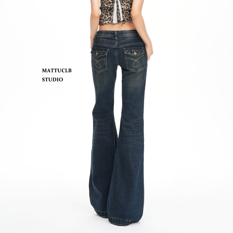 Mattuclb American Style Spicy Girl Embroidered Flared Jeans for Women, Autumn Design, Low-Waisted, Slimming Bell-Bottom Pants