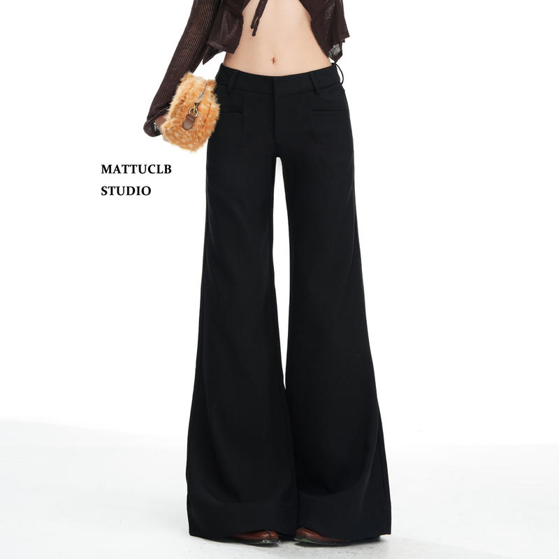 Mattuclb American-Style Low-Waisted Loose-Fitting Drapey Suit Pants for Women, Loose and Slimming, Floor-Length Black Casual Flared Pants