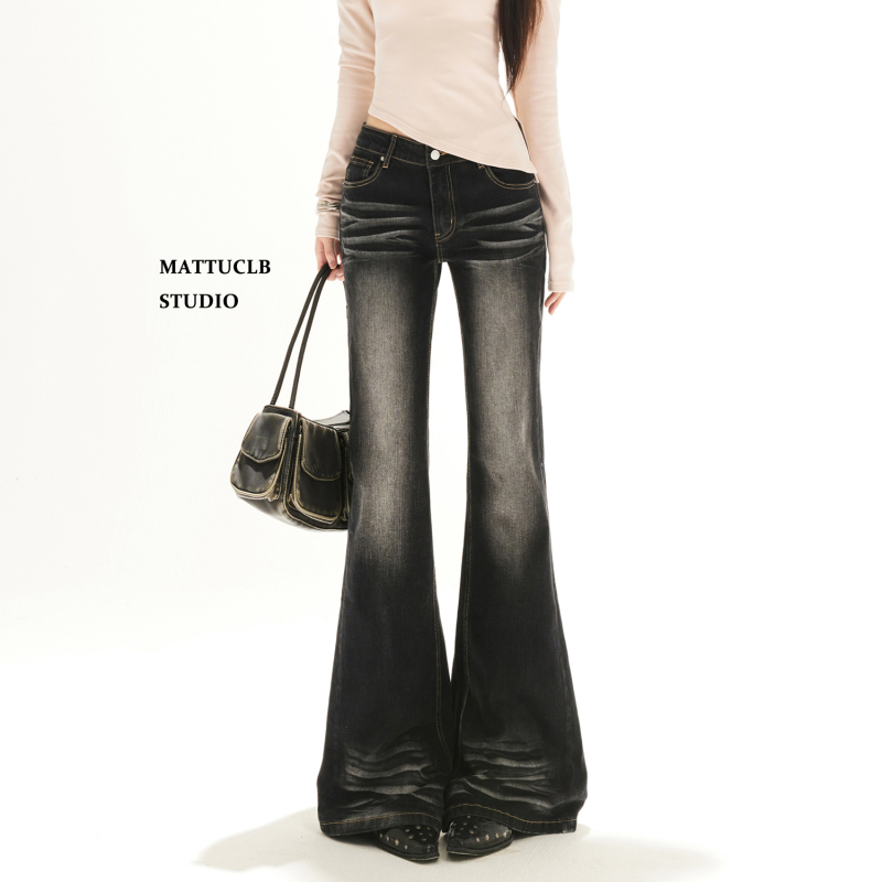 Mattuclb American-Style Black and Gray Washed Whiskered Flared Jeans for Women, Autumn Low-Waist Stretchy Slimming Hot Girl Style