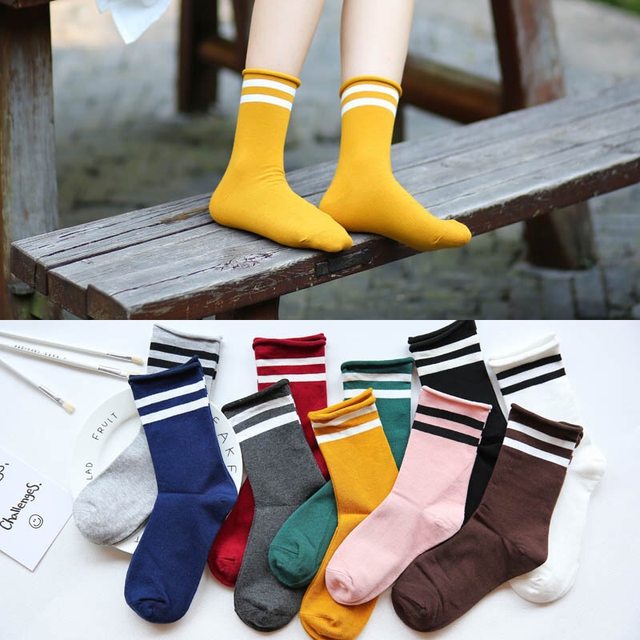 Four Seasons College Style Japanese Candy Colour Loose Mouth Socks Curled Two-Bar Striped Sports Mid-Tube Women's Student Socks